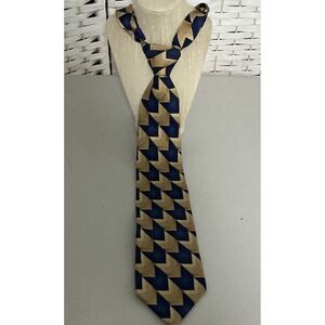 Vintage Arrow Tie, 100% Imported Silk, Geometric Blue Gold, 3.75"x59"